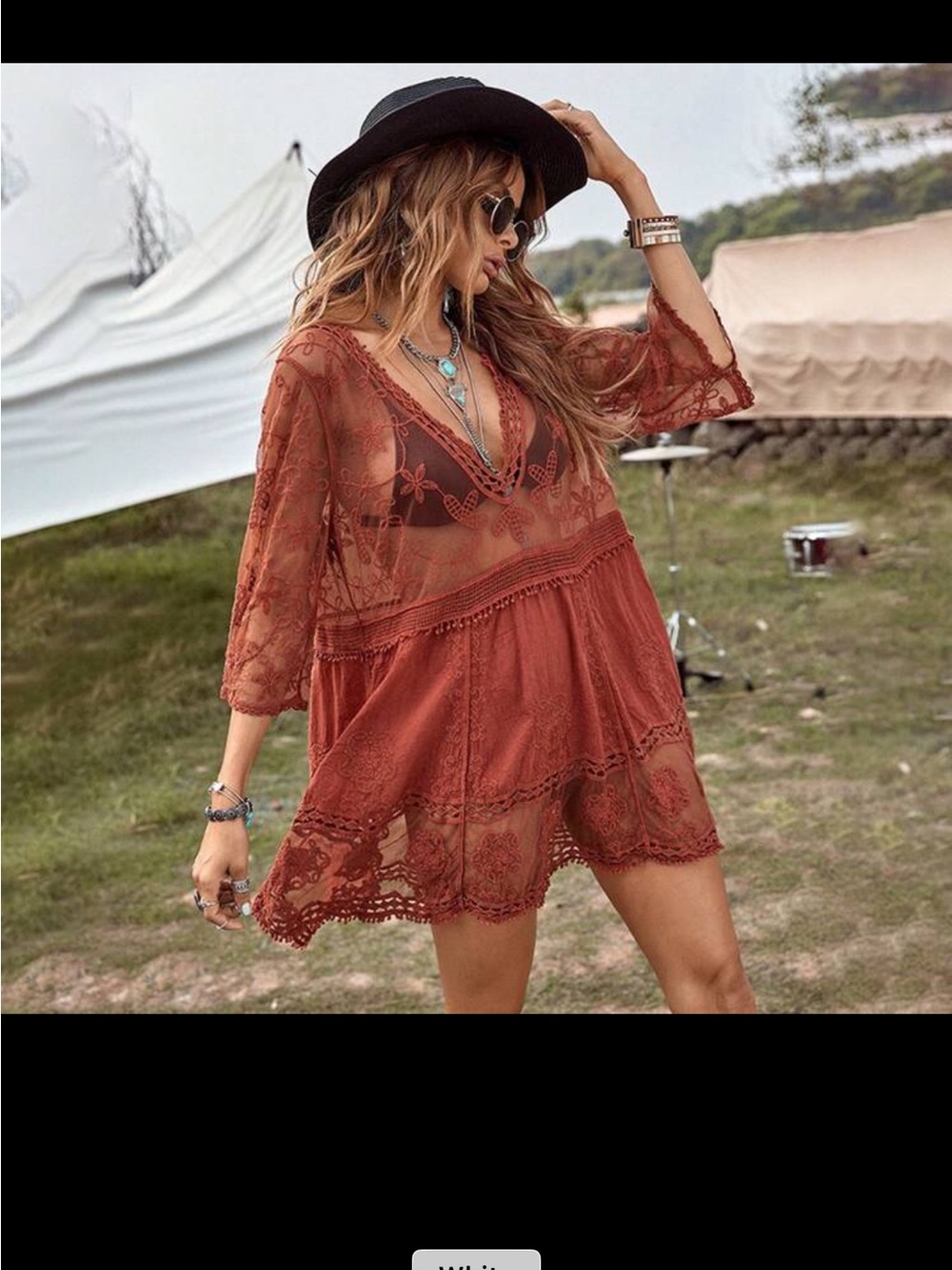 SHEIN Rust Lace V-Neck Sheer Swim Cover-Up